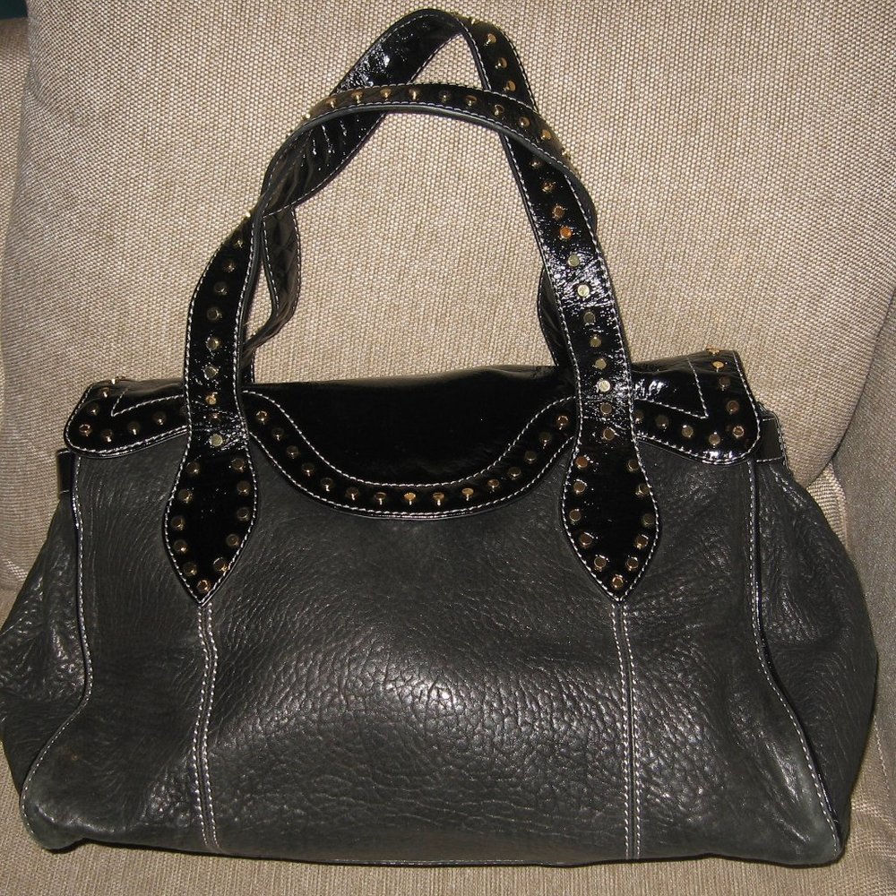 โค๏ธTED BAKER Black Pebbled Leather and Patent Studded Shopper Bag Purse